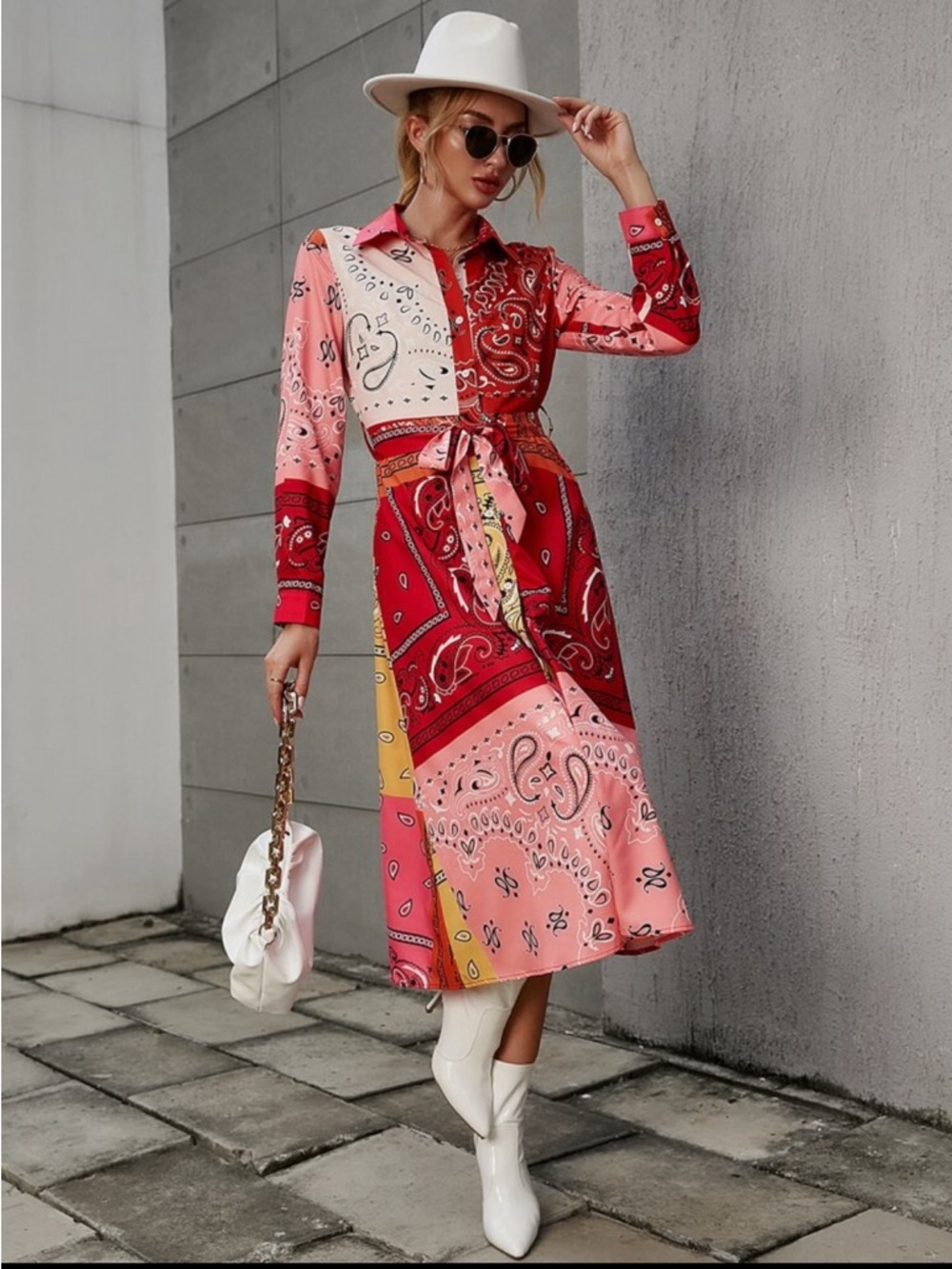 Patchwork Bandana Print Shirt Dress in Red & Pink
